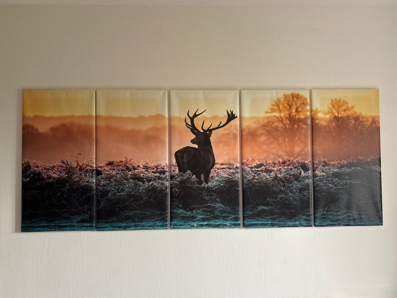 Prachtig 5-delig canvas schilderij met hert in zonsopgang, Ophalen, Zo goed als nieuw, 125 cm of meer, Schilderij