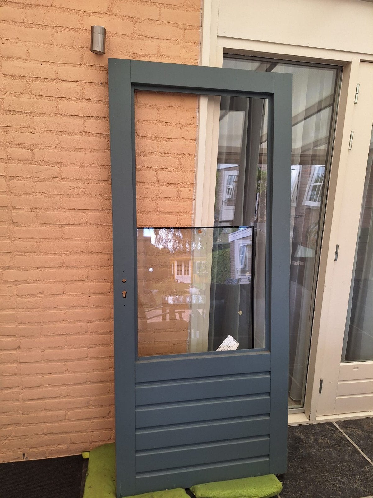 2 Hardhouten deuren 201,5x87,5 cm, incl. 1 dubbelglas raam, Ophalen, 80 tot 100 cm, 200 tot 215 cm, Glas