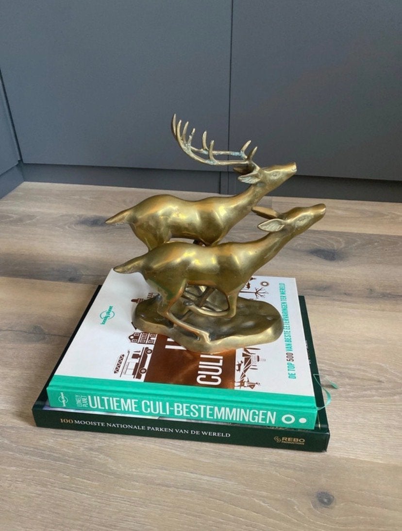 Vintage messing beeldje van hertenpaar bok en hinde groot, Verzenden, Brons