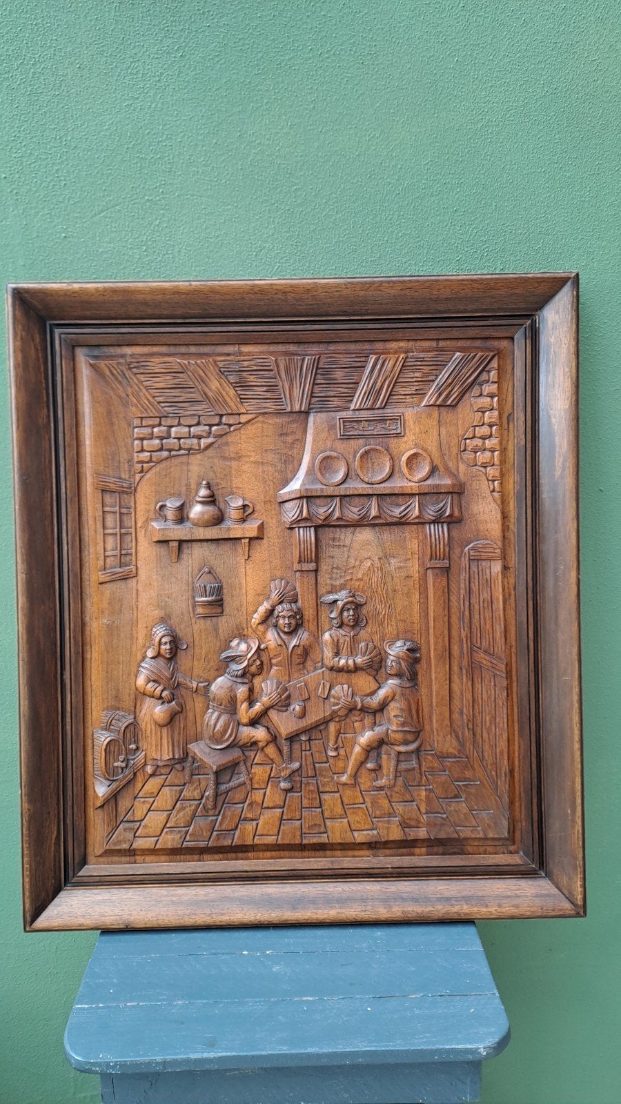 Antiek Houten Wandpaneel met Scène van Kaartspelers, Antiek en Kunst, Ophalen, 50 - 100 cm, Handgemaakt, Hout