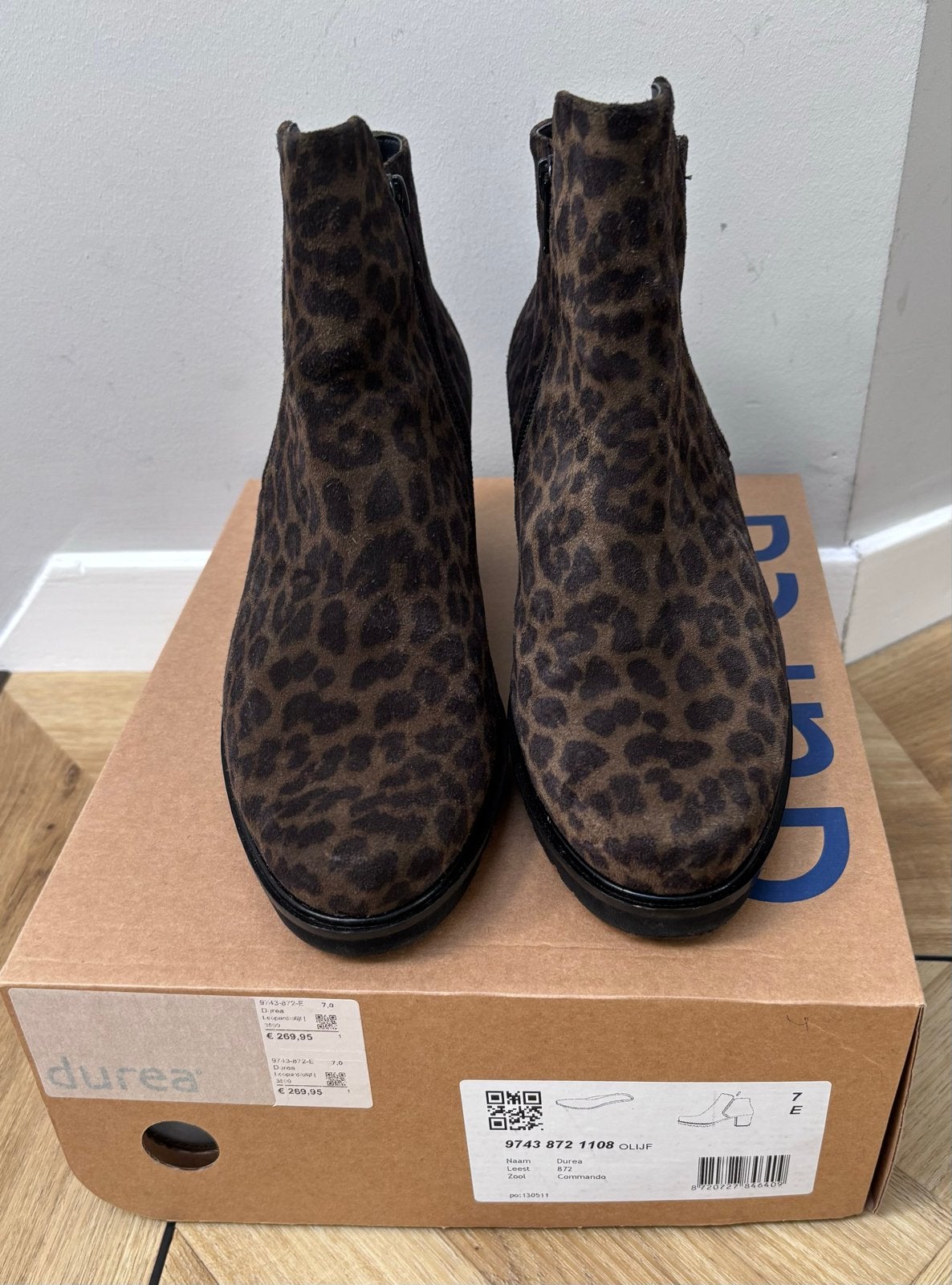 Durea Enkellaarsjes met Luipaardprint - Maat 7E, Kleding | Dames, Ophalen of Verzenden, Zo goed als nieuw, Bruin, Lage of Enkellaarzen