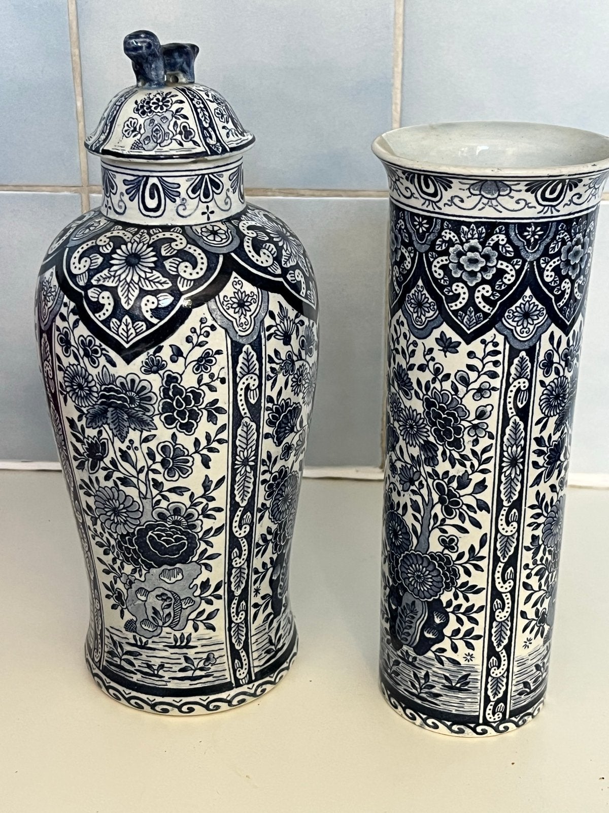 Delfts blauwe vazen set - met deksel en cilindervormig, Antiek en Kunst, Ophalen of Verzenden