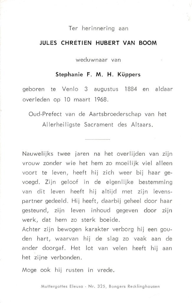 Boom Jules 1884 Venlo 1968, Ophalen, Bidprentje
