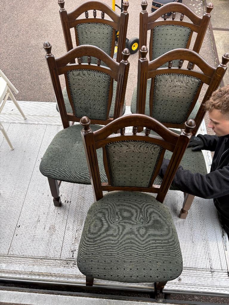 5 Eikenhouten Eetkamerstoelen Groen Gestoffeerd, Huis en Inrichting, Stoelen, Gebruikt, Bruin, Verzenden, Vijf, Zes of meer stoelen
