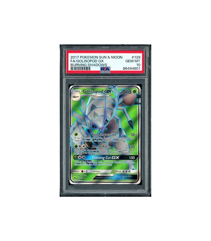 Pokemon Golisopod GX Burning Shadows SR Full Art #129 PSA 10, Ophalen of Verzenden, Zo goed als nieuw, Losse kaart, Foil