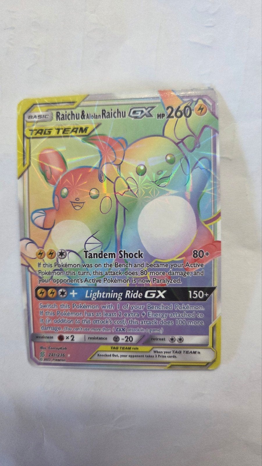 Raichu & Alolan Raichu GX #241, Hobby en Vrije tijd, Verzamelkaartspellen | Pokémon, Ophalen of Verzenden, Gebruikt, Losse kaart