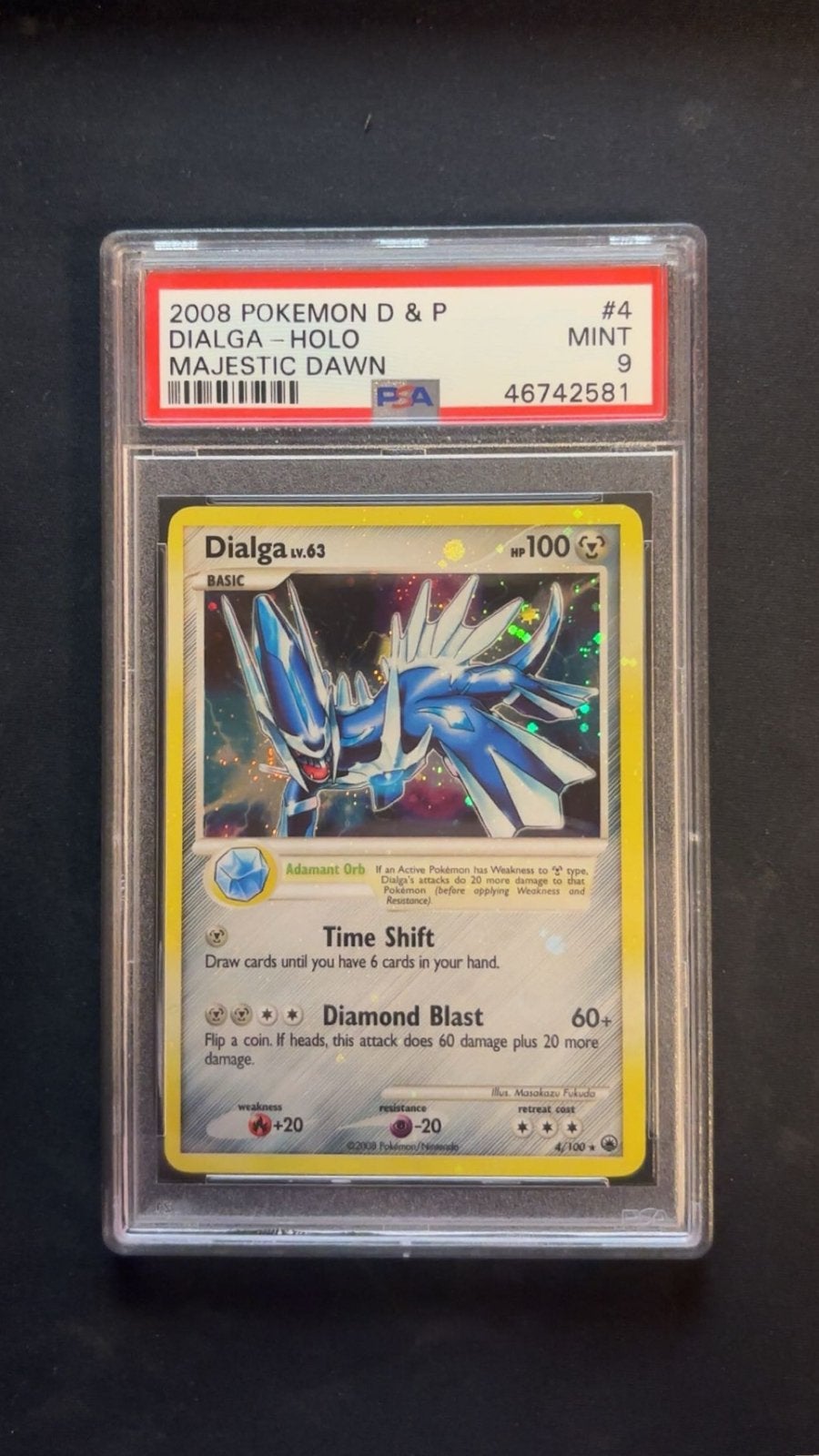 Dialga Holo bleed #4/100 Majestic Dawn PSA 9, Hobby en Vrije tijd, Ophalen of Verzenden, Zo goed als nieuw