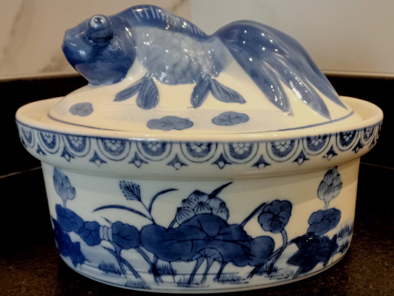 Chinese Unieke Blauwe Pate Schaal met Deksel & Koi Karper, Antiek en Kunst, Ophalen of Verzenden