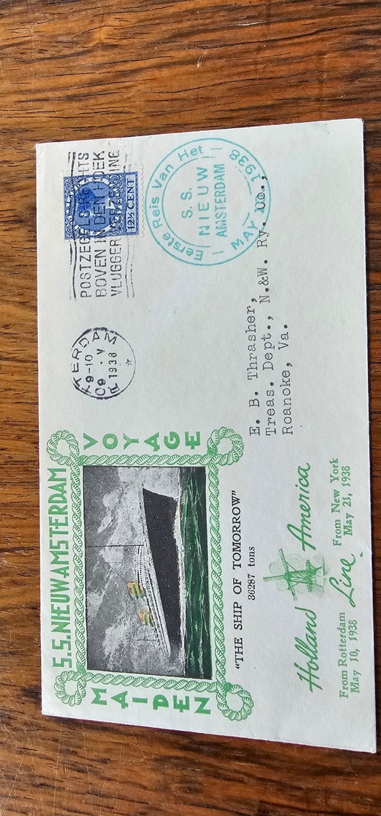 Envelop 1e reis S.S. Nieuw-Amsterdam 1938, Postzegels en Munten, Brieven en Enveloppen | Nederland, Verzenden, Envelop