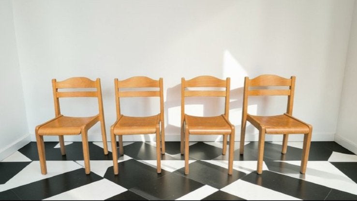 4 Vintage Karl Killper stoelen - Sparrenhout, Ophalen, Gebruikt, Bruin, Vier