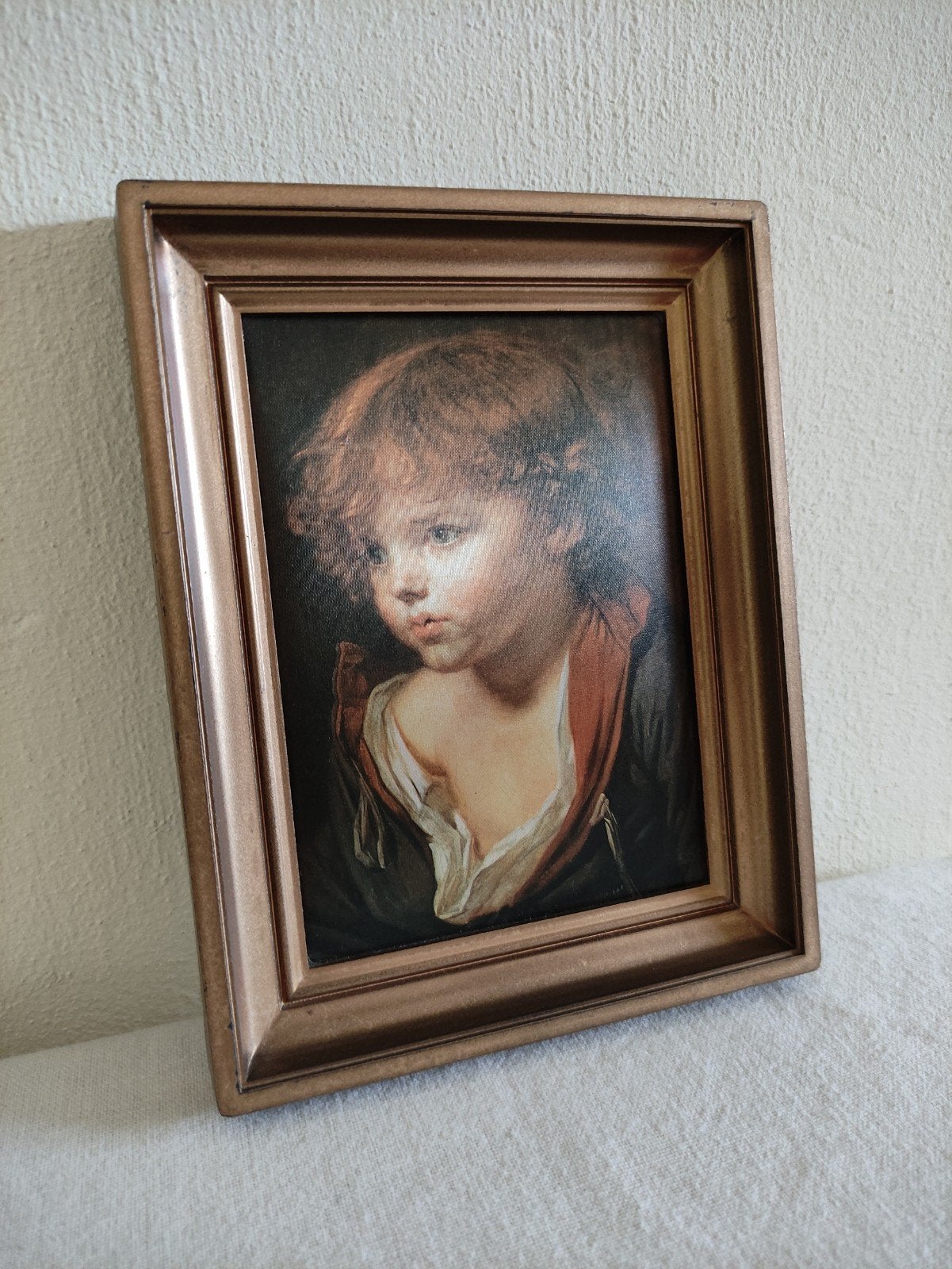 Vintage schilderijtje zeefdruk op zijde/Frankrijk/jongen, Ophalen of Verzenden, Zo goed als nieuw, Minder dan 50 cm, 5 – 50