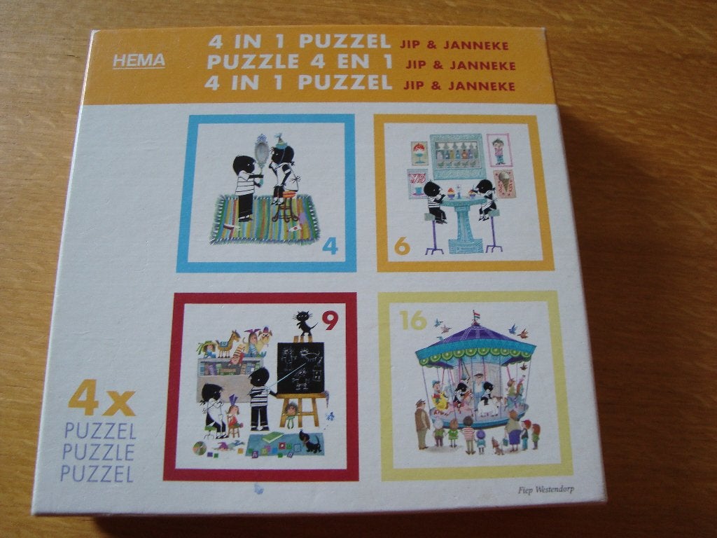 4 in 1 puzzels jip en janneke, Kinderen en Baby's, Speelgoed | Kinderpuzzels, Ophalen of Verzenden, Meer dan 50 stukjes, Zo goed als nieuw