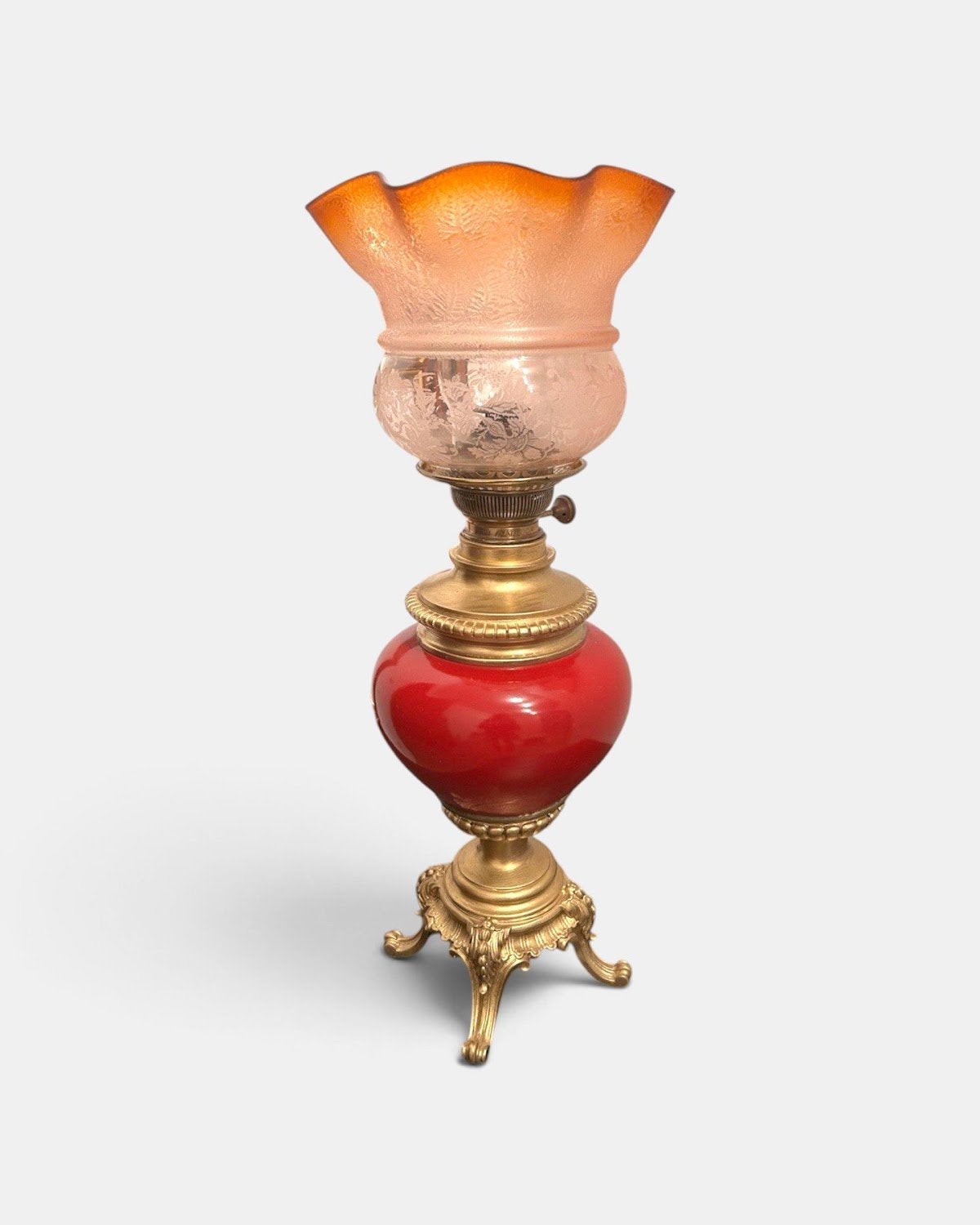 Antieke rode olielamp met Matador-brander – messing/sierglas, Ophalen of Verzenden