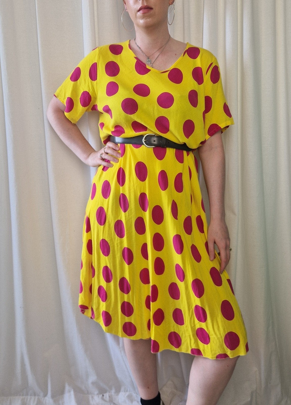 Gele vintage jurk met roze stippen 80s/90s, Verzenden, Geel, Maat 46/48 (XL) of groter, Vintage