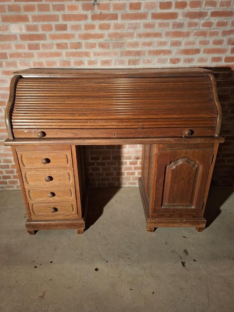 Vintage massief donker eiken houten bureau met rolluik, Ophalen of Verzenden, Gebruikt