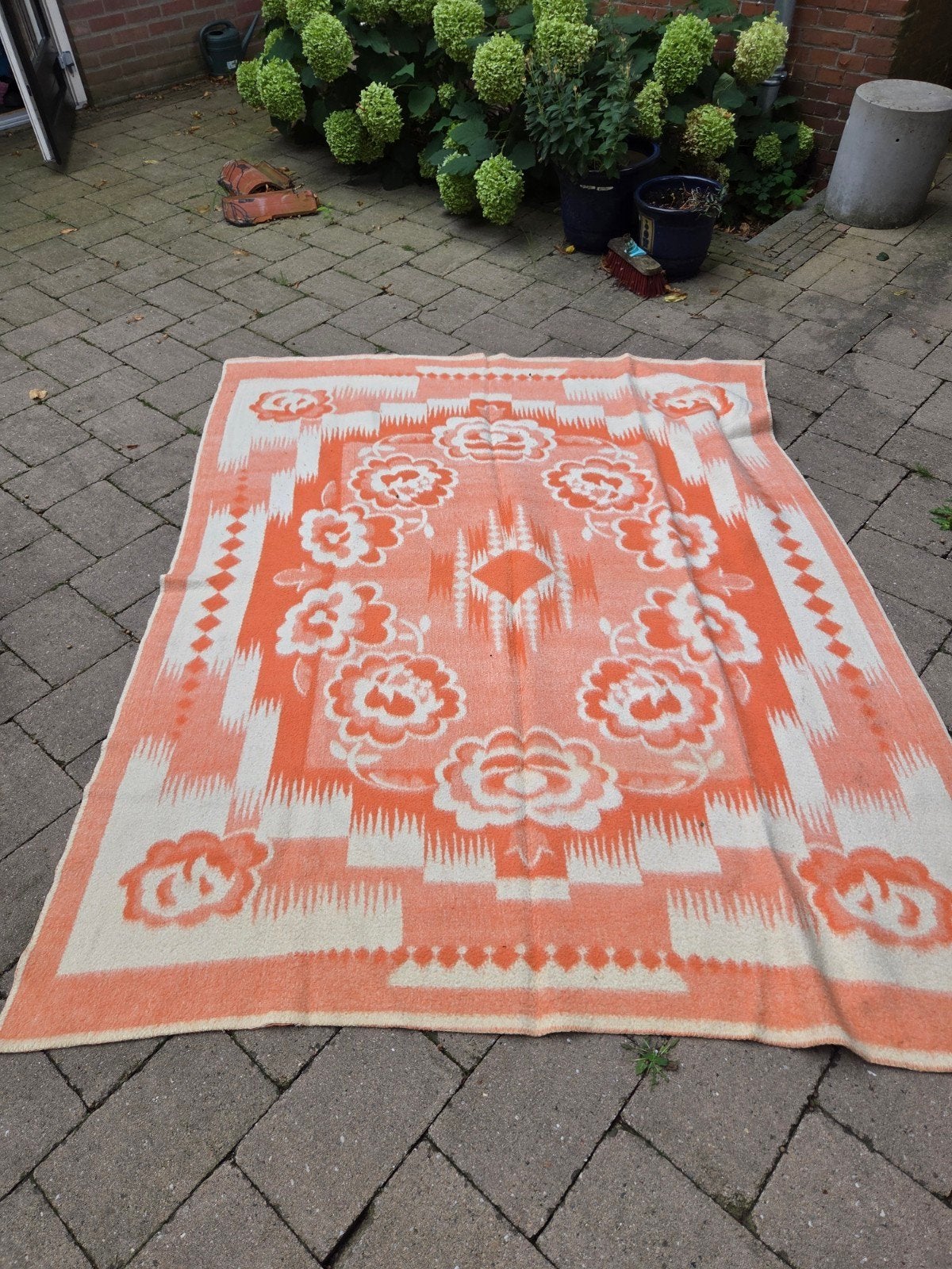 Vintage wollen deken oranje/roze 2 zijdig 215x170c, Ophalen of Verzenden