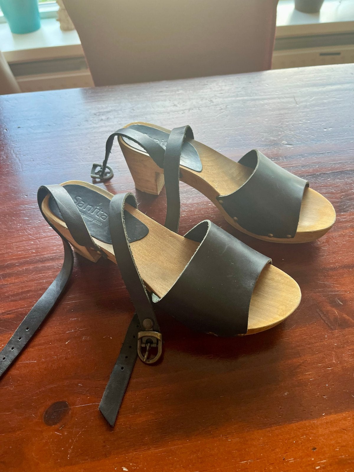 Sanita houten klompen met enkelbandje, zwart leer, maat 38, Ophalen, Gedragen, Zwart, Sandalen of Muiltjes