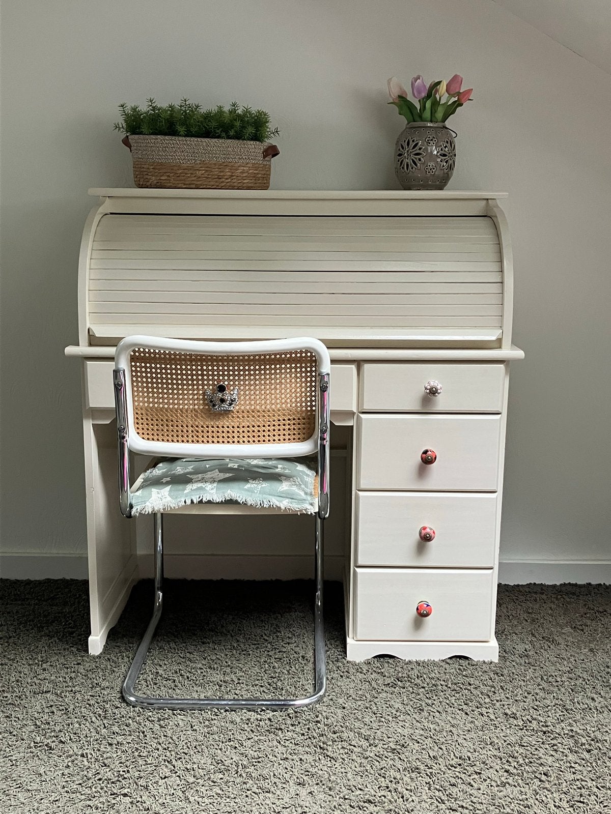 Vintage Secretaire Bureau met Rolklep en Lades, Gebruikt, Secretaire, Vintage, Ophalen of Verzenden