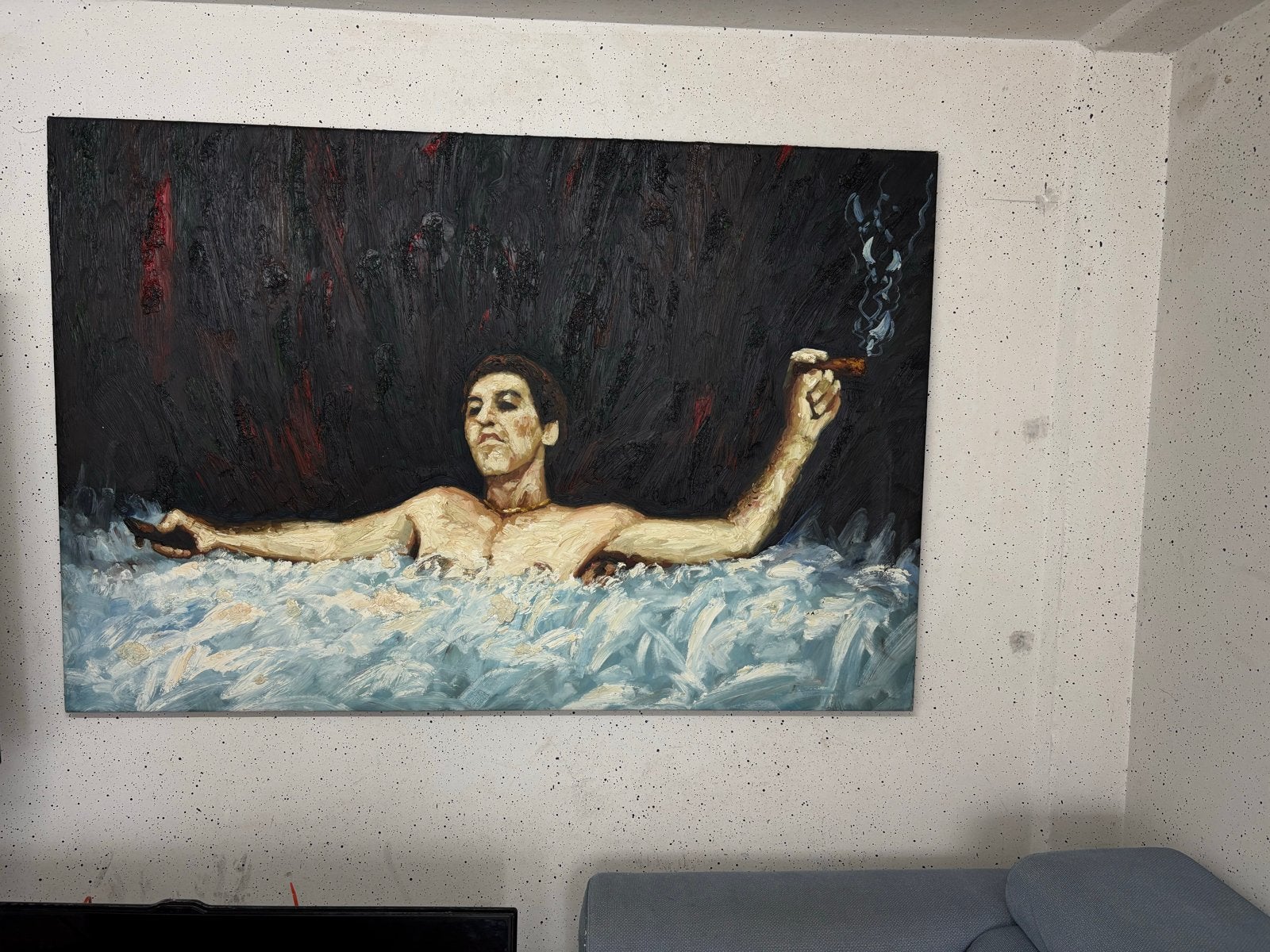 Schilderij Tony Montana (Scarface) in bad, Ophalen of Verzenden