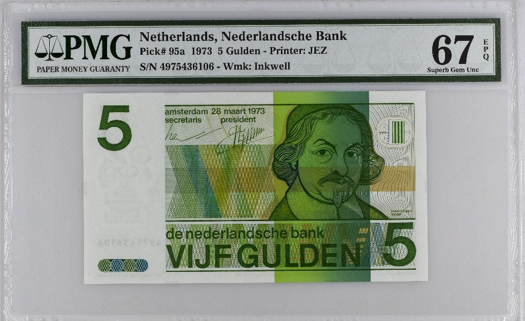 UNC biljet 5 gulden Vondel II, 1973 | PMG 67 EPQ, Ophalen of Verzenden, 5 gulden