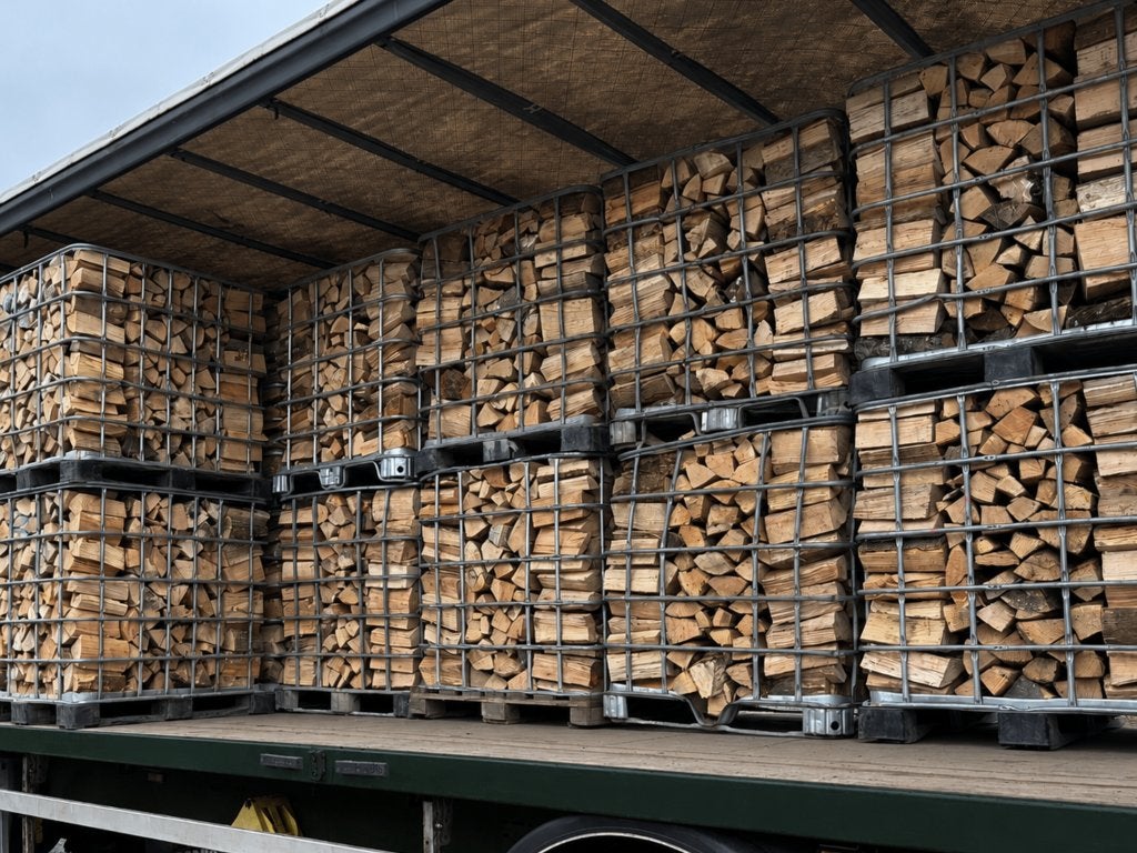 Haardhout in IBC-kratten voor wederverkopers | vanaf 50 stuk, Tuin en Terras, Haardhout, 6 m³ of meer, Verzenden, Eikenhout, Blokken