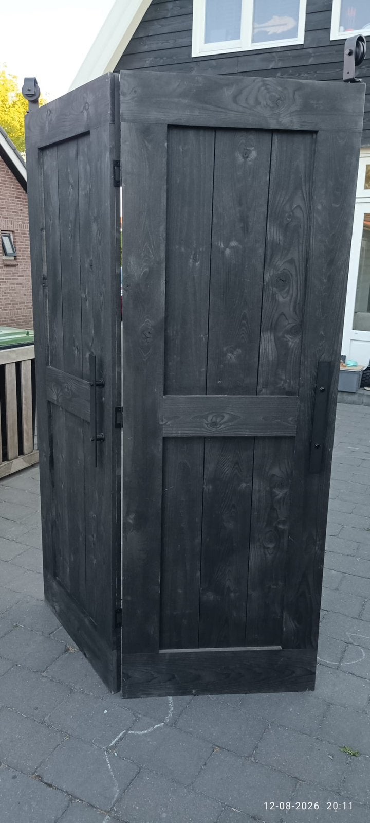 Schuifdeur met knik en rails - Zwart hout, Ophalen, Gebruikt, 80 tot 100 cm, Binnendeur