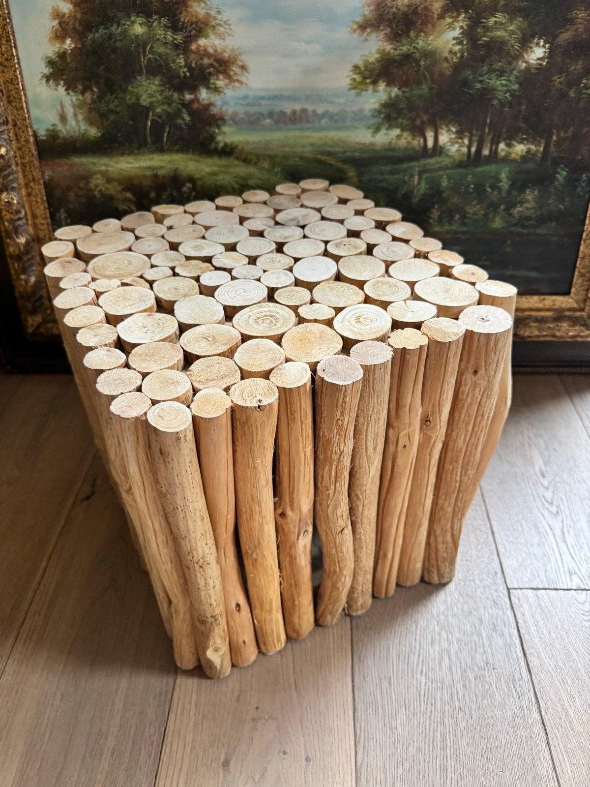 Houten bijzettafel/kruk van boomstammetjes, Huis en Inrichting, Minder dan 45 cm, Minder dan 55 cm, Gebruikt, Vierkant