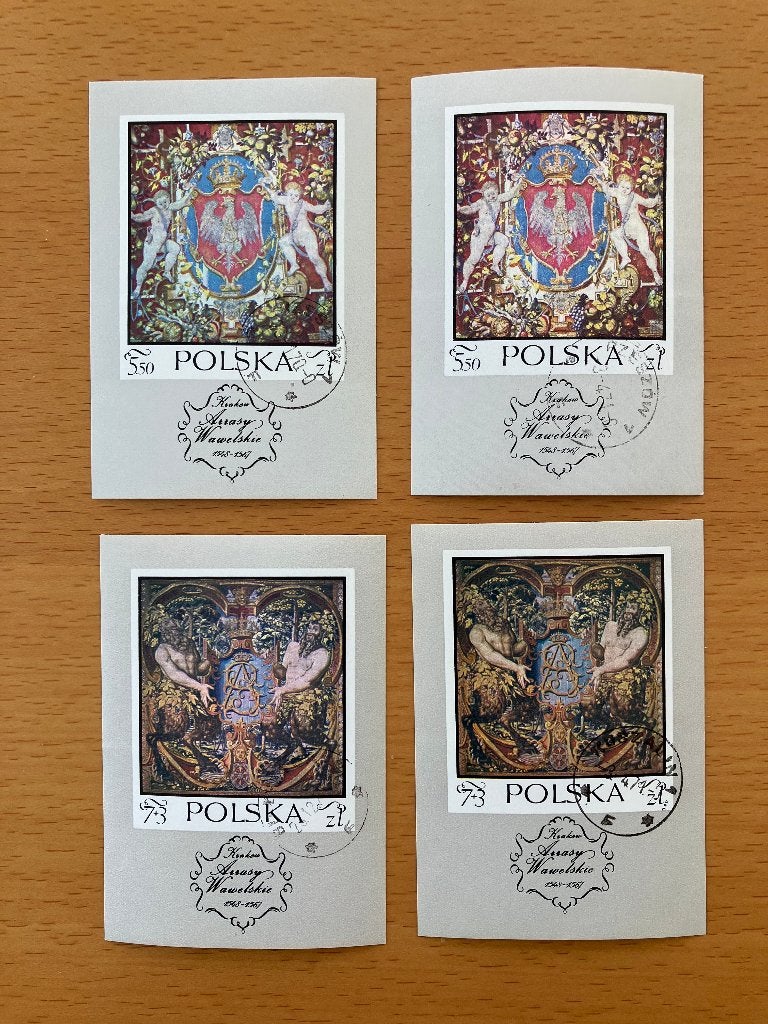 4 Blok Wandtapijten uit de burcht Wawel van Polen uit 1970, Ophalen of Verzenden, Polen, Gestempeld