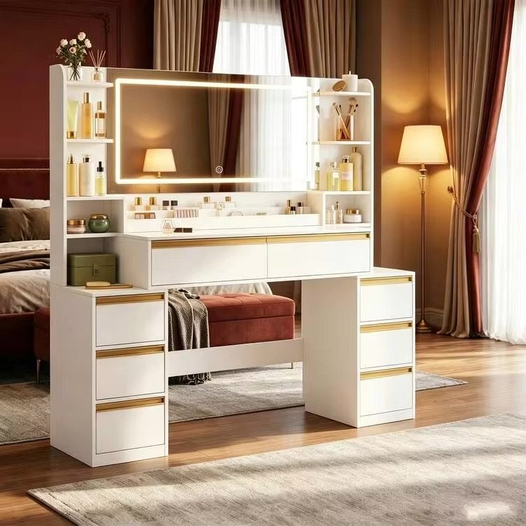HaluPeit Kaptafel met spiegel, 8 lades, wit/goud, Verzenden, Nieuw, Overige materialen, 100 tot 150 cm