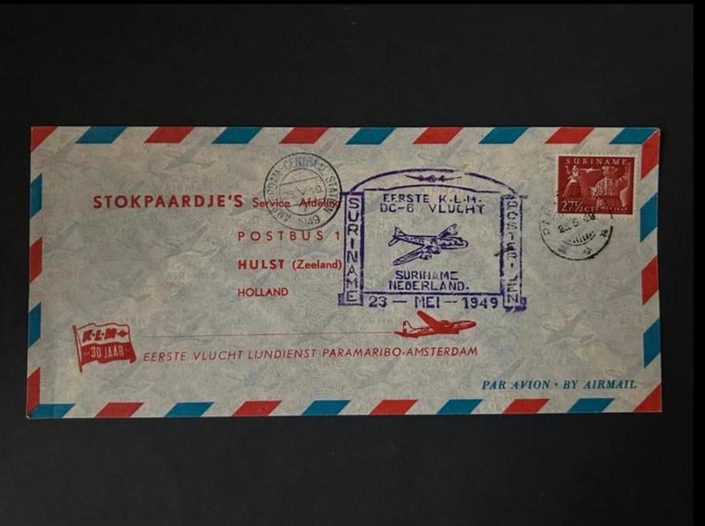 Fiest Flight Envelop, Amsterdam - Paramaribo per DC-6, Verzamelen, Ophalen of Verzenden, Kaart, Foto of Prent