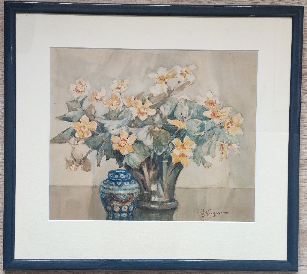 Gerard Wiegman (1875 -1964) - Bloemstilleven (aquarel), Bloemen, Ophalen of Verzenden, Papier, Origineel werk