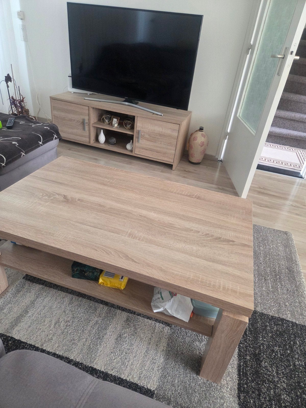 Salontafel en TV-meubel set - Licht hout, Ophalen, 100 tot 150 cm, Modern, Scandinavisch, Zo goed als nieuw