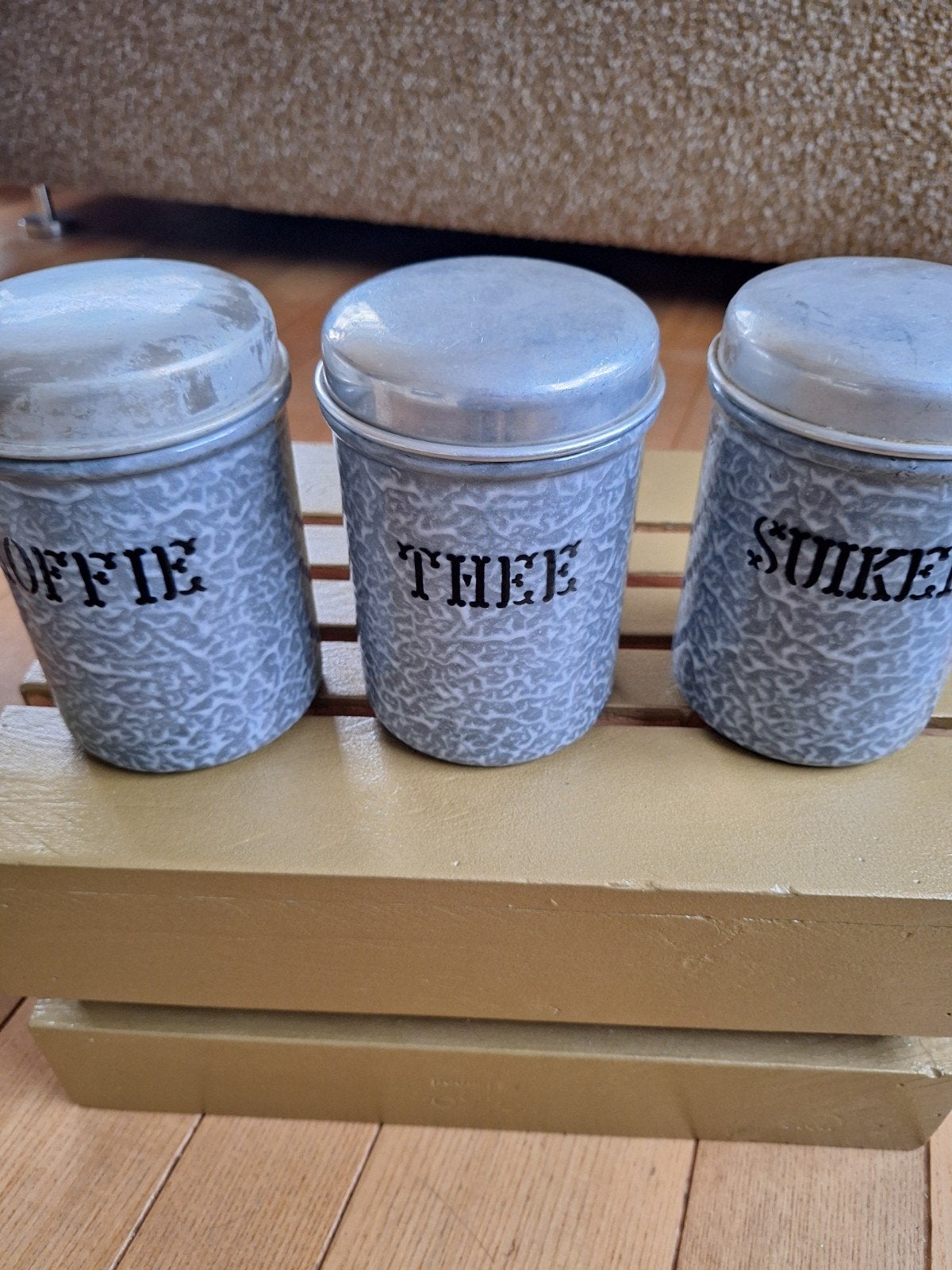 Vintage emaille voorraadpotten: Koffie, Thee, Suiker, Antiek en Kunst, Ophalen of Verzenden