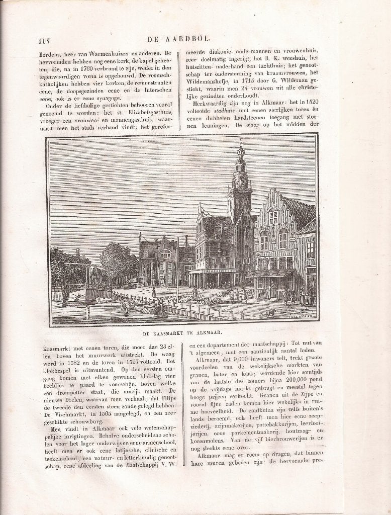 De Kaasmarkt te Alkmaar Houtgravure Tollenaar ca. 1845, Antiek en Kunst, 10 cm, Gesigneerd, 1800 - 1899, Stadsgezicht