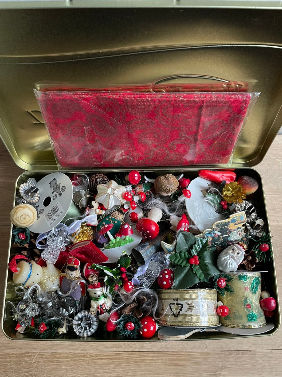 Retro Kerst blik kaars klem paddestoelen lint engeltjes 👼🏻, Ophalen of Verzenden, Gebruikt