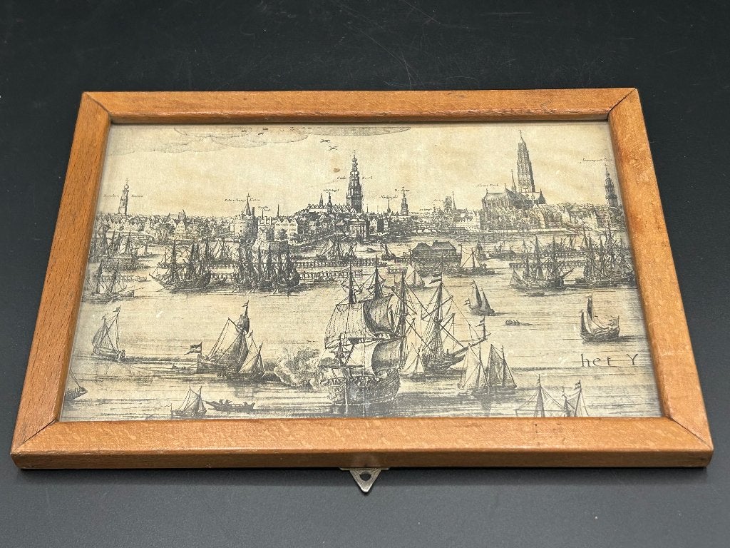 Antieke gravure - Amsterdam - het Y - 1600s (17e eeuw), Antiek en Kunst, Kunst | Etsen en Gravures, Ophalen, Stadsgezicht, 1600 - 1699