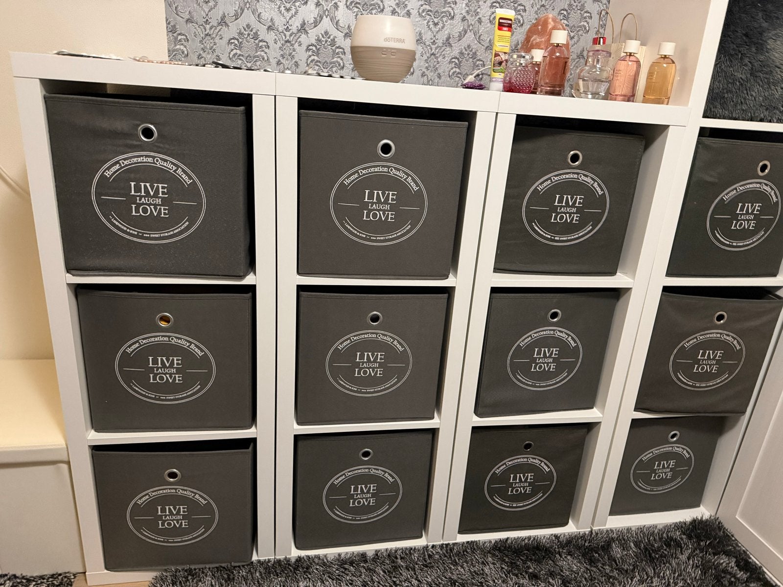 IKEA KALLAX kast met 14 opbergboxen – ook apart te koop, Ophalen of Verzenden, Gebruikt, Grijs, Textiel