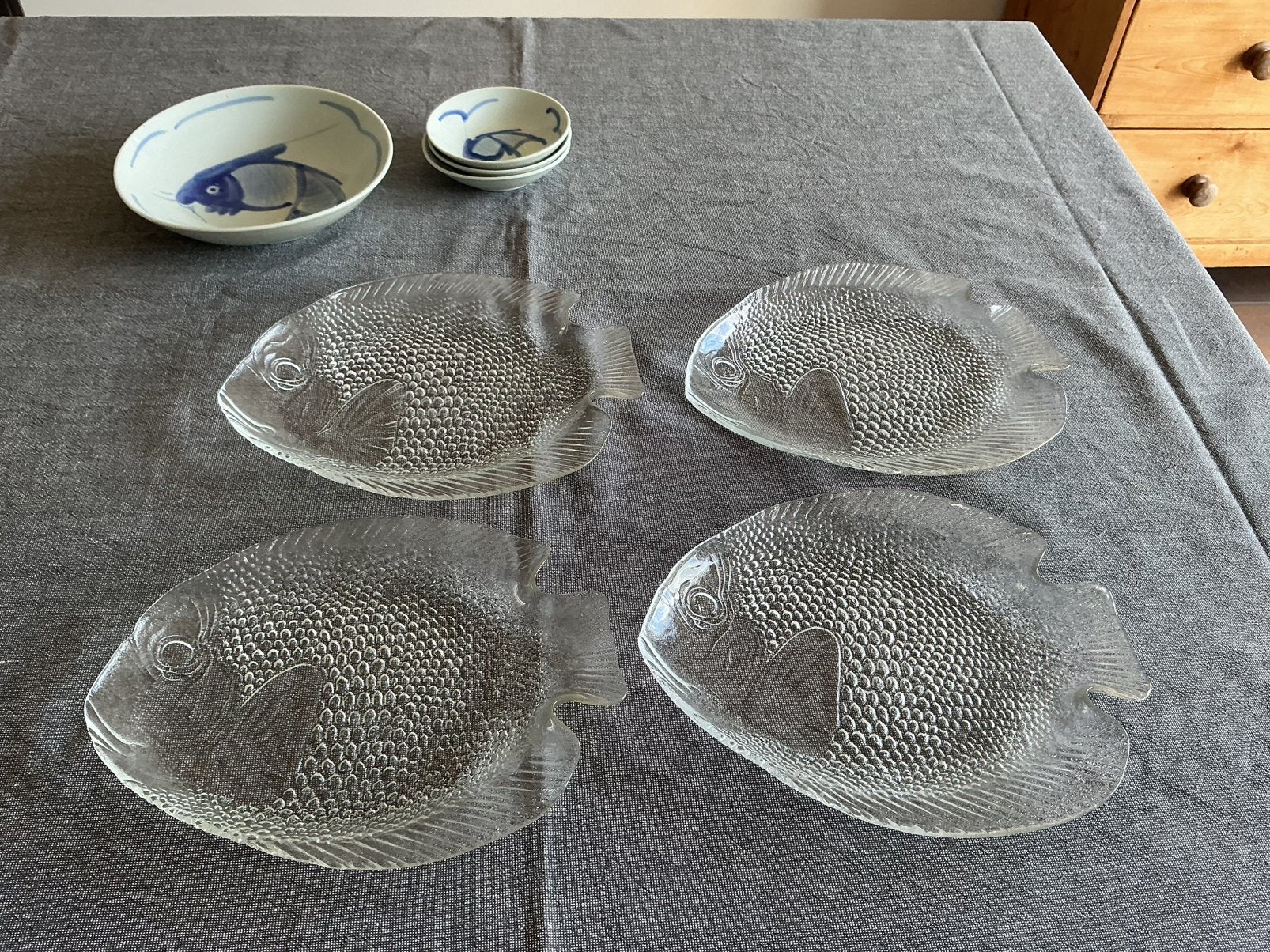 Vintage glazen Arcoroc visschaal bord, serveerschalen, 4x, Glas of Glazen, Ophalen of Verzenden, Overige stijlen, Glas