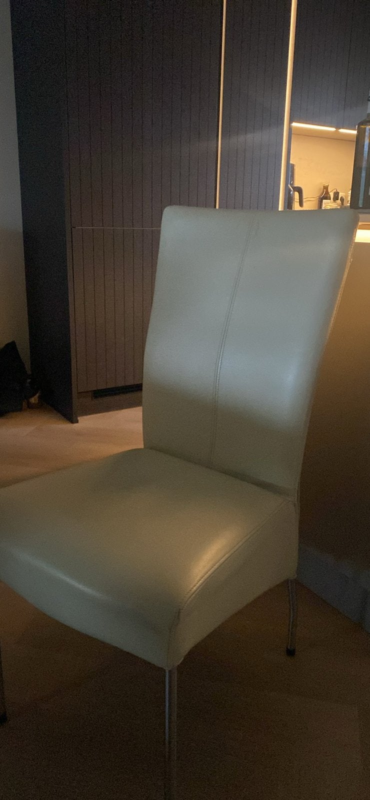 6 crèmekleurige leren eetkamerstoelen met hoge rugleuning, Ophalen, Gebruikt, Overige kleuren, Leer