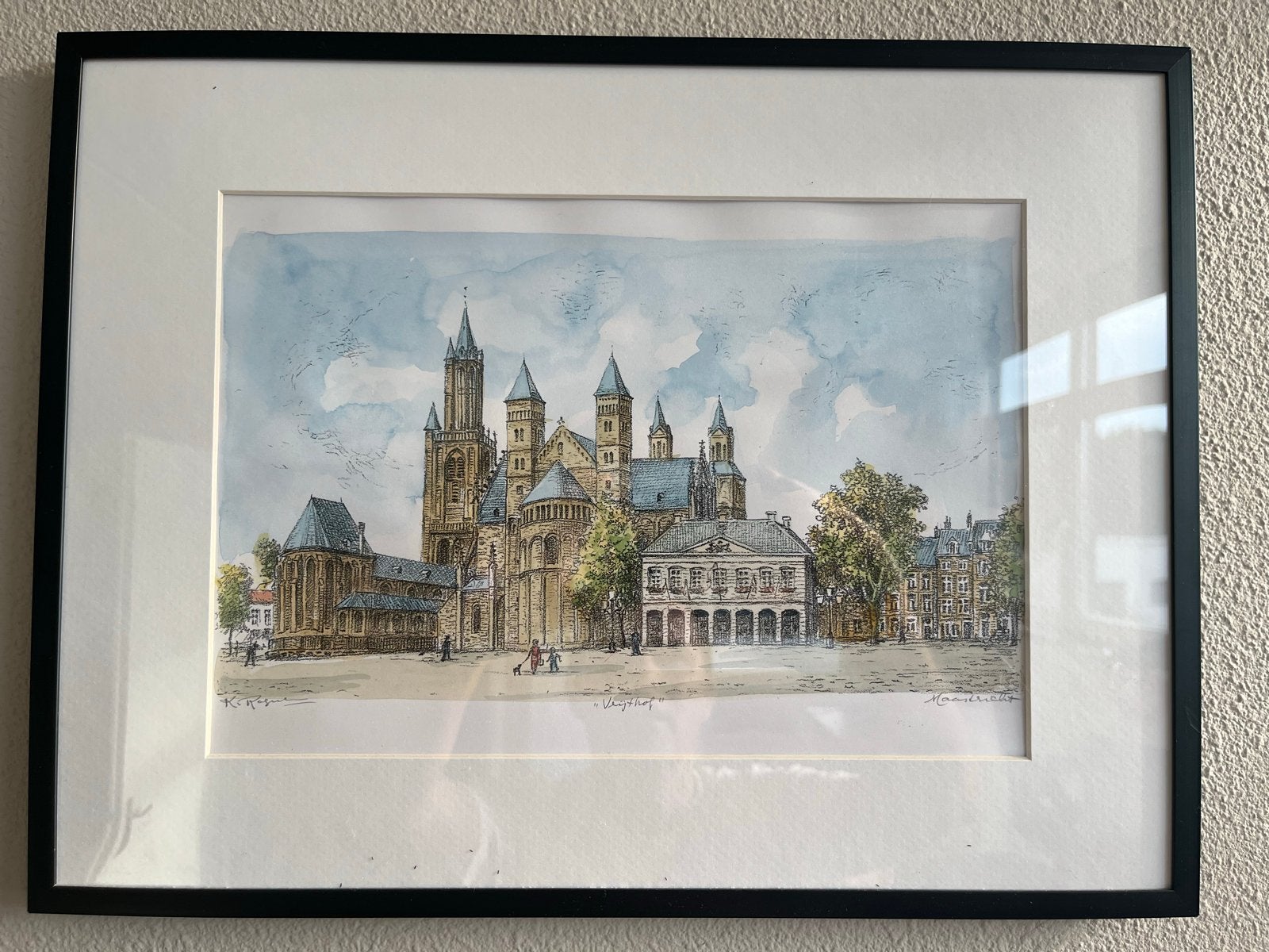 Ingelijste aquarel van de Sint-Servaasbasiliek, Maastricht, Antiek en Kunst, Kunst | Tekeningen en Foto's, Ophalen of Verzenden