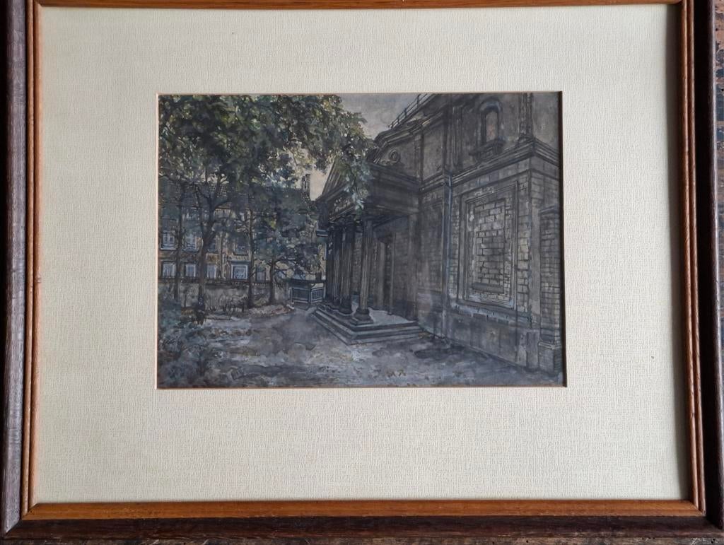 Aquarel.  Statig pand. Ca 1950. 43/33 cm., Huis en Inrichting, Woonaccessoires | Schilderijen, Tekeningen en Foto's, Ophalen, Minder dan 50 cm