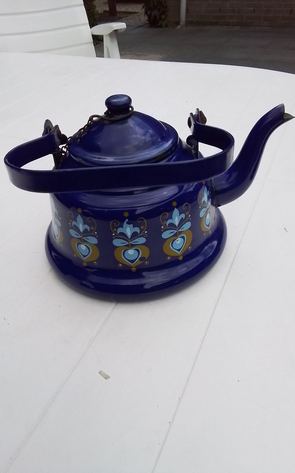 💐VINTAGE EMAILLE KETELTJE BLAUW MET RAND, Ophalen of Verzenden