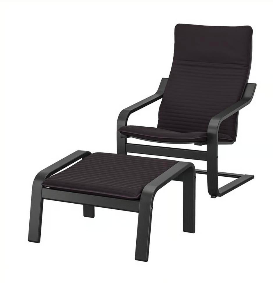 IKEA Poäng Fauteuil met voetenbank - Zwart leer, Ophalen, Gebruikt, Modern, Scandinavisch, Zwart