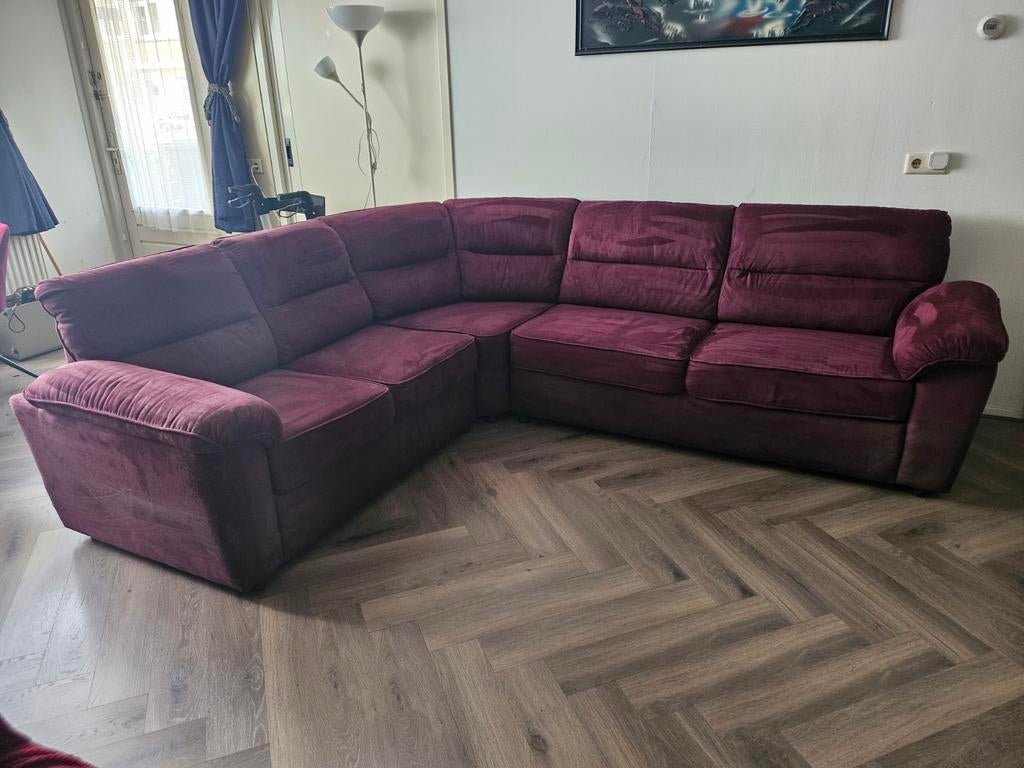 HOEKBANK Bordeauxrood (stof)fluweel/velvet velours, Huis en Inrichting, Ophalen, Gebruikt