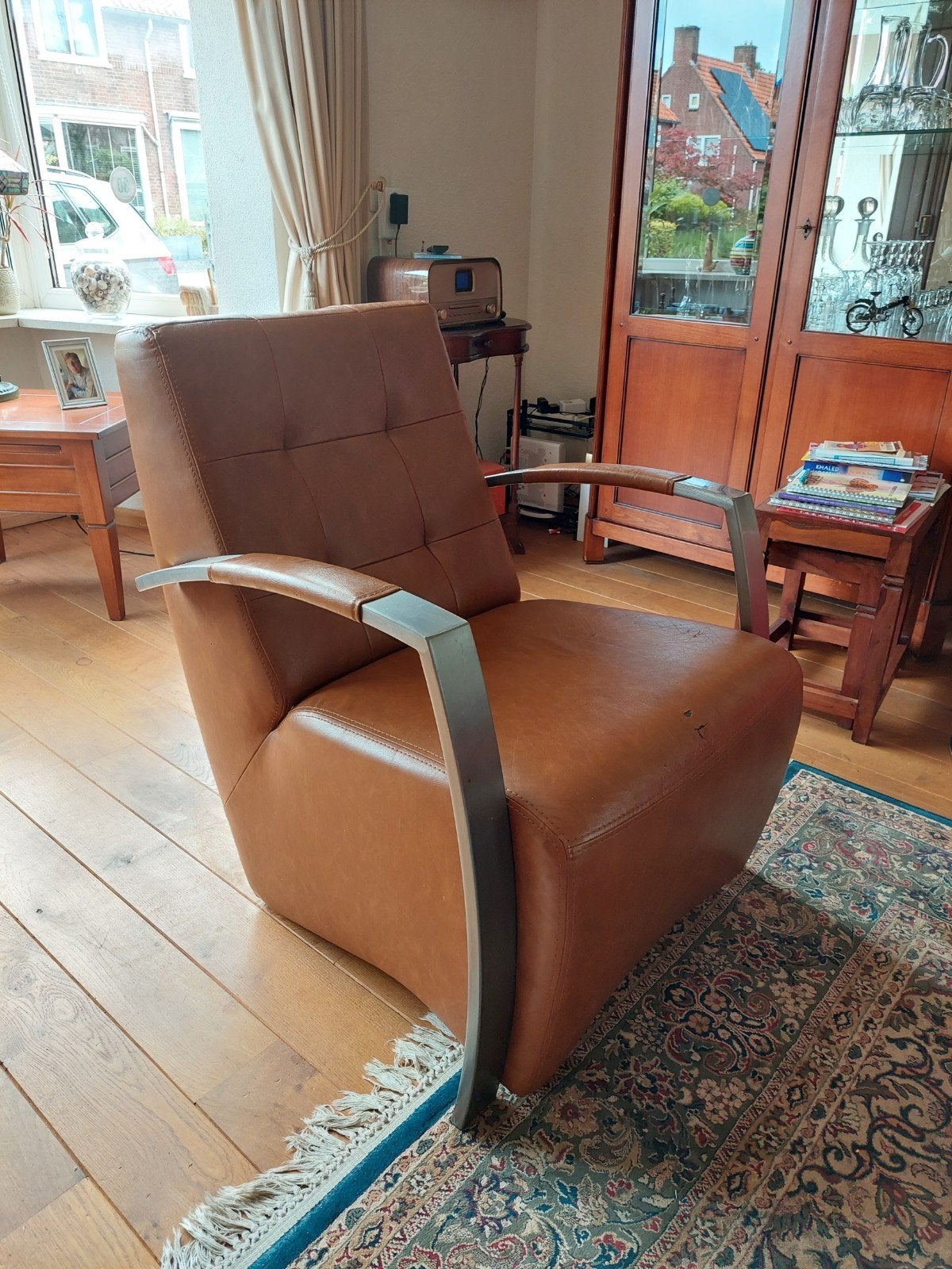 STOERE,  LEREN stoel ~ kleine beschadiging, Huis en Inrichting, Ophalen, Gebruikt, 75 tot 100 cm, 50 tot 75 cm