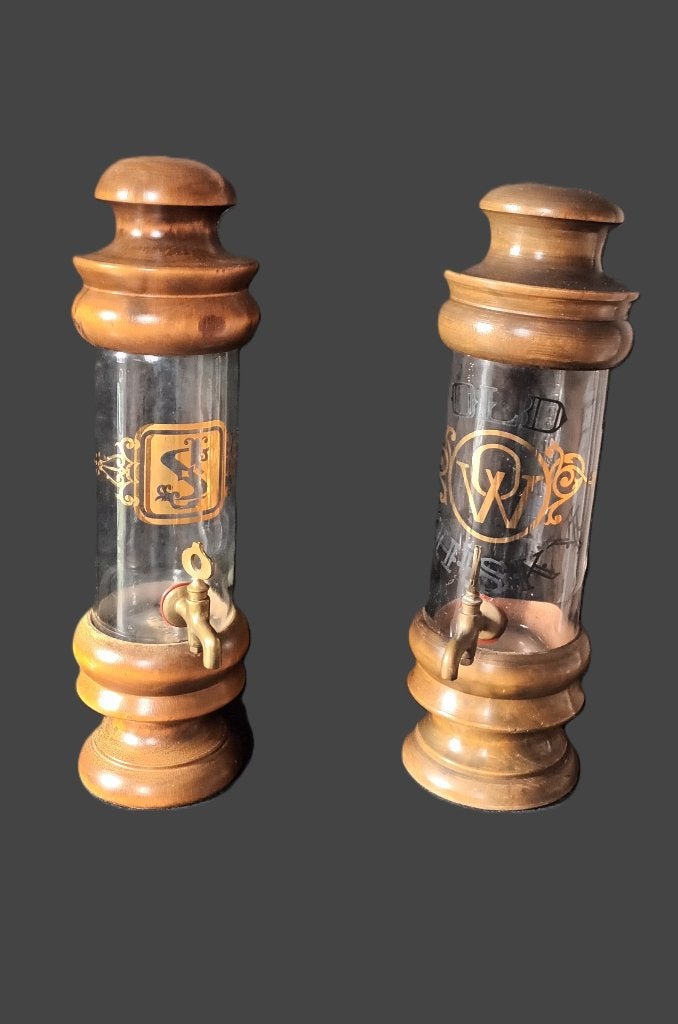 Vintage houten en glazen sterke drankdispensers (set van 2), Ophalen of Verzenden