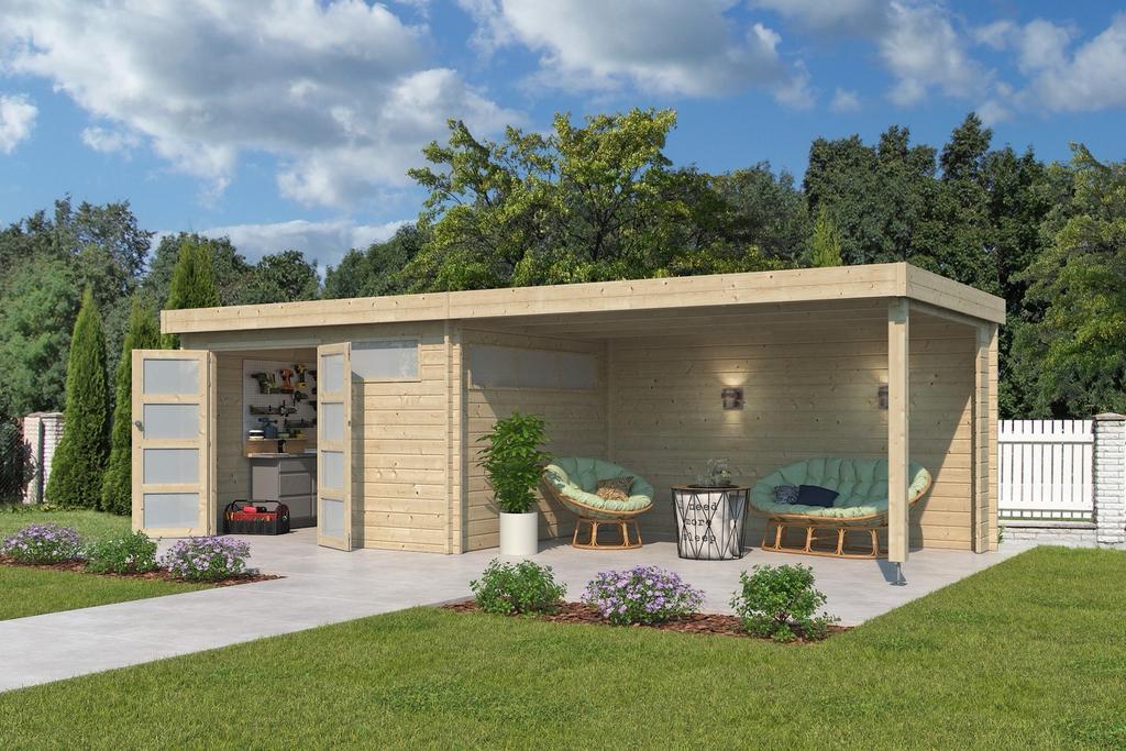 Woodlands blokhut modern met overkapping 755x295x230 44 mm, Tuin en Terras, Overkappingen, Ophalen of Verzenden, Nieuw, Overige typen