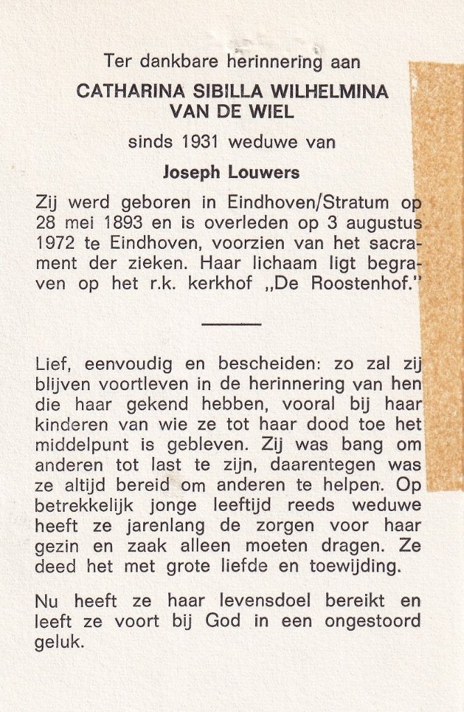 Wiel Catharina 1893 Stratum 1972 Eindhoven, Verzamelen, Ophalen of Verzenden, Bidprentje