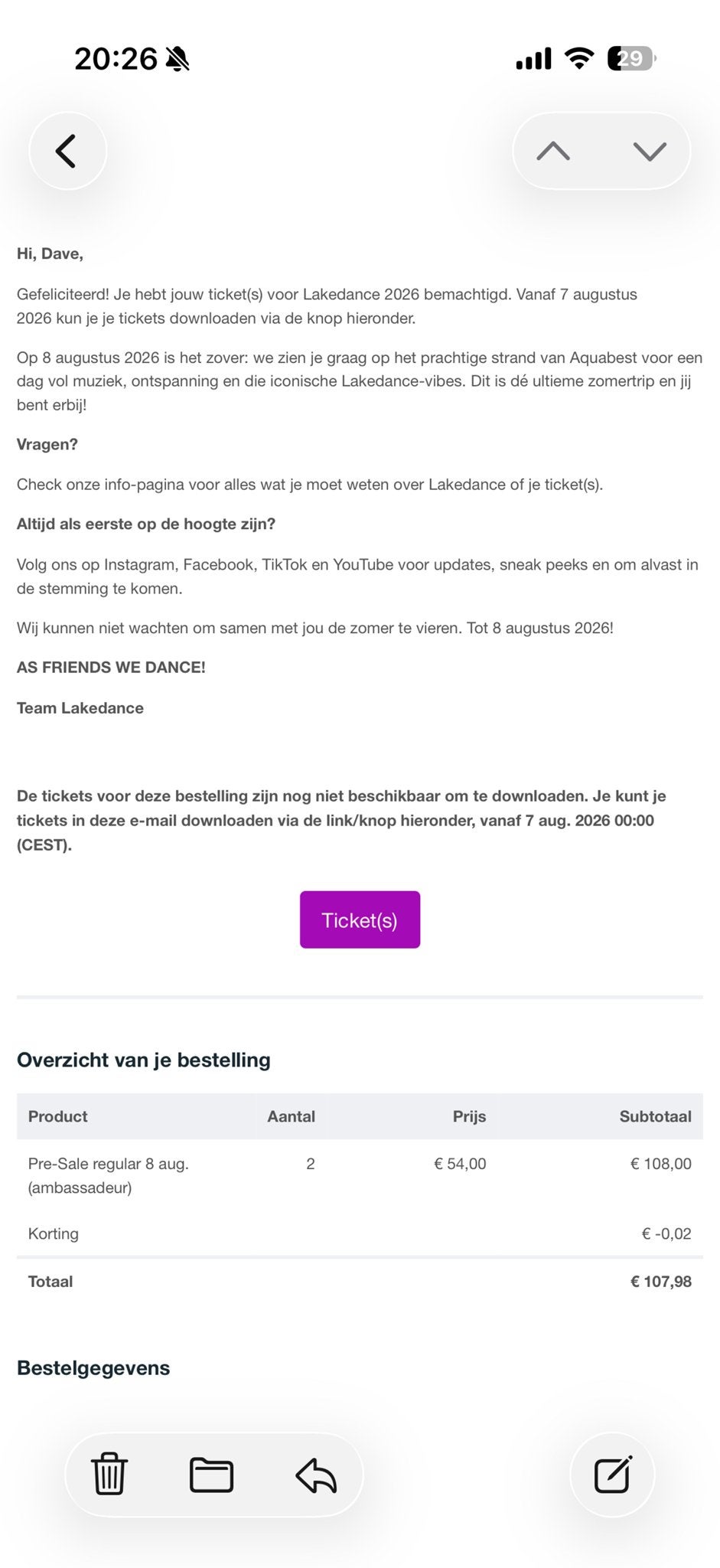 Lakedance kaarten te koop met koperbescherming graag, Tickets en Kaartjes, Concerten | Dance, Eén persoon