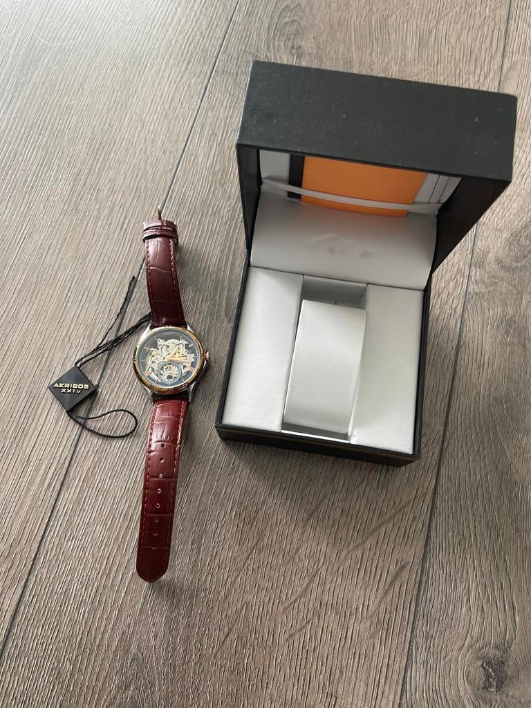 Akribos XXIV Heren Horloge - Bruin Leer, Skelet Wijzerplaat, Overige merken, Leer, Staal, Polshorloge